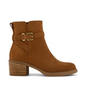 Womens Hailey Buckle Ankle Boot Water Resistant Amber Brown Suede