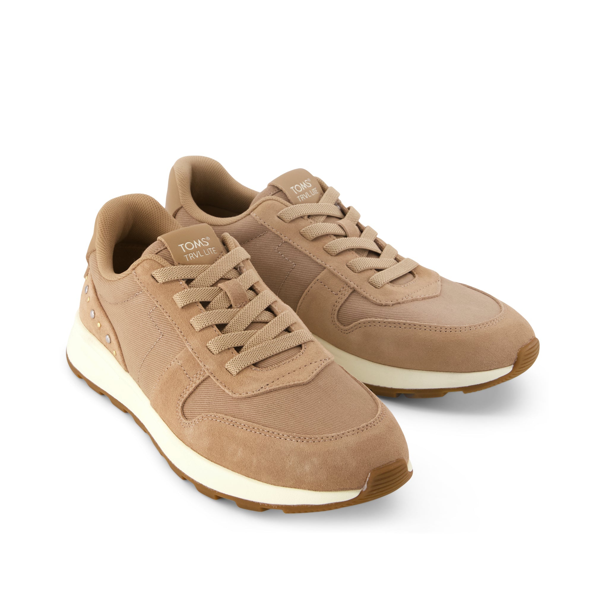 Womens TRVL LITE Retro Runner Sneaker Water Repellent Taupe Vintage Twill with Studs - Image 2