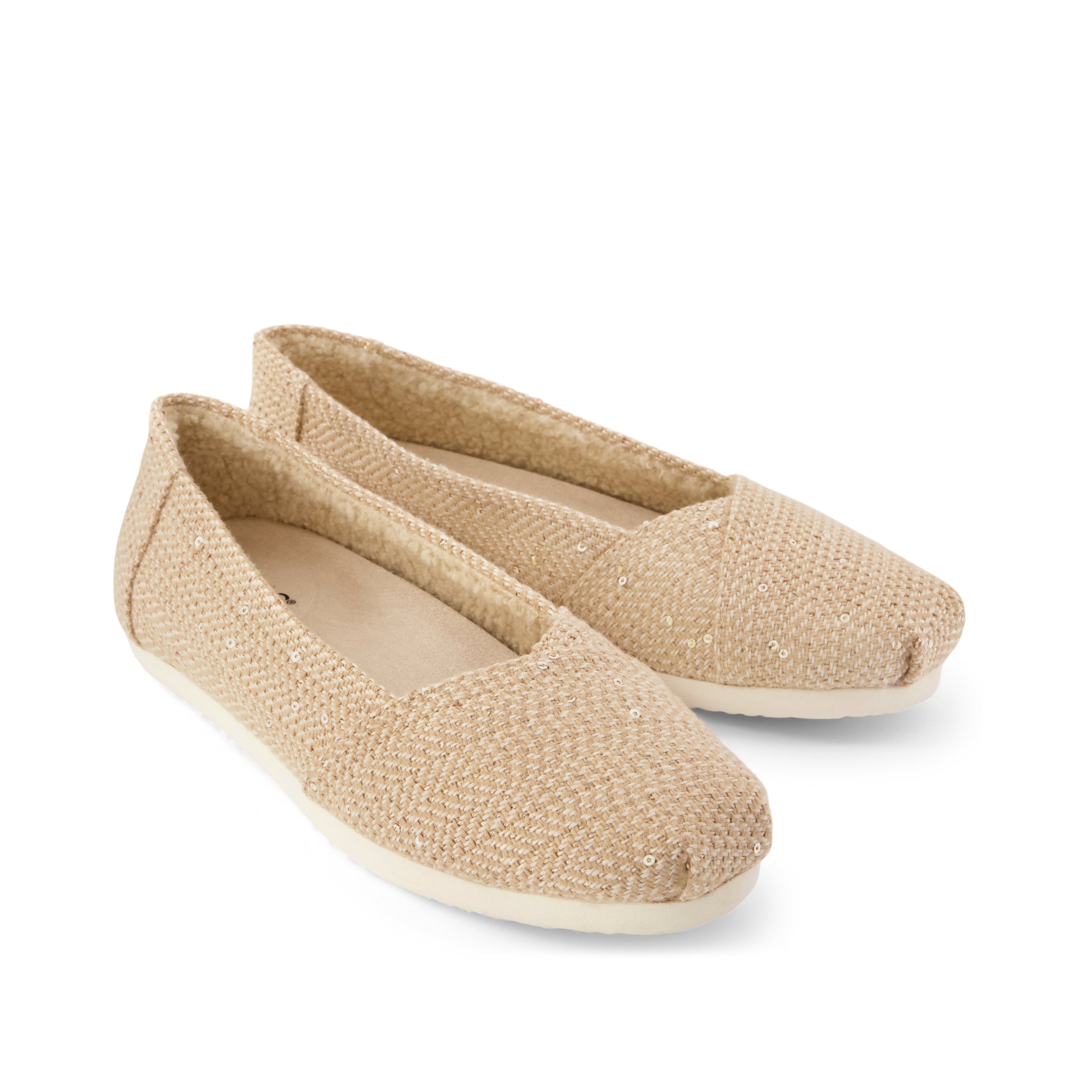 Womens Alpargata Ballet Flat Oatmeal Sequin Herringbone w/ Faux Shearling - Image 2