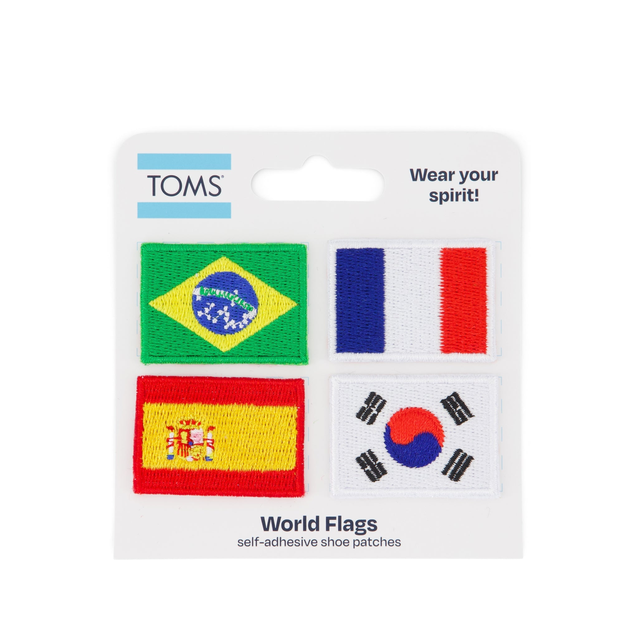 World Flag Adhesive Shoe Patches: Brazil. France. Spain. South Korea